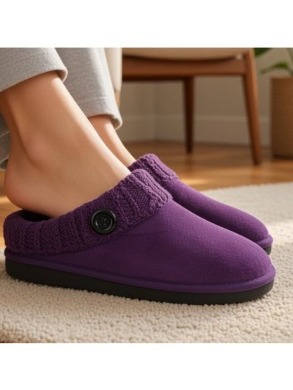 COMFORTVIEW Purple Faux Suede & Fur Knit Trim Slippers Ladies L Size 8 9